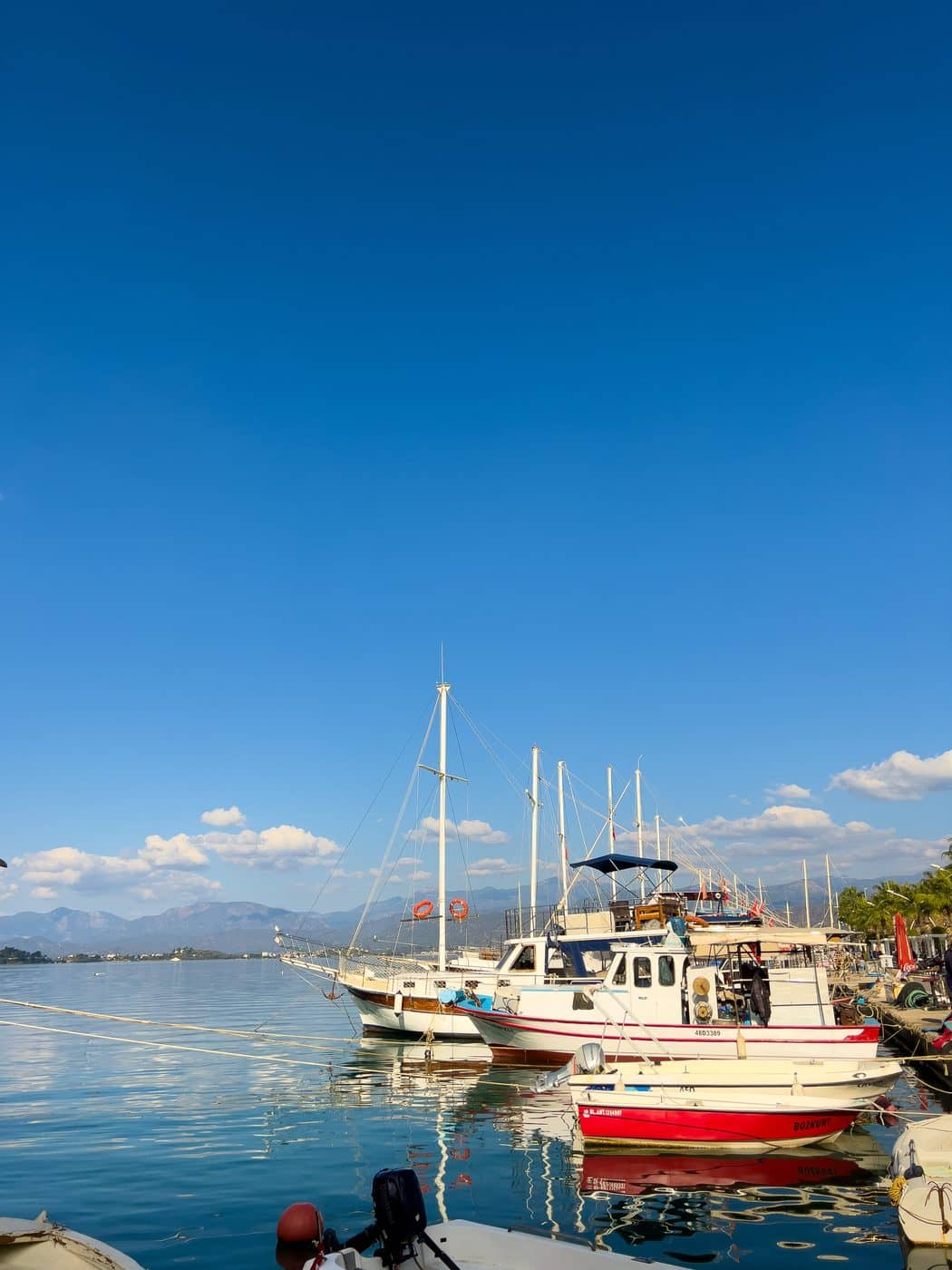 Boats moored in a calm marina under a wide blue sky, mountains behind